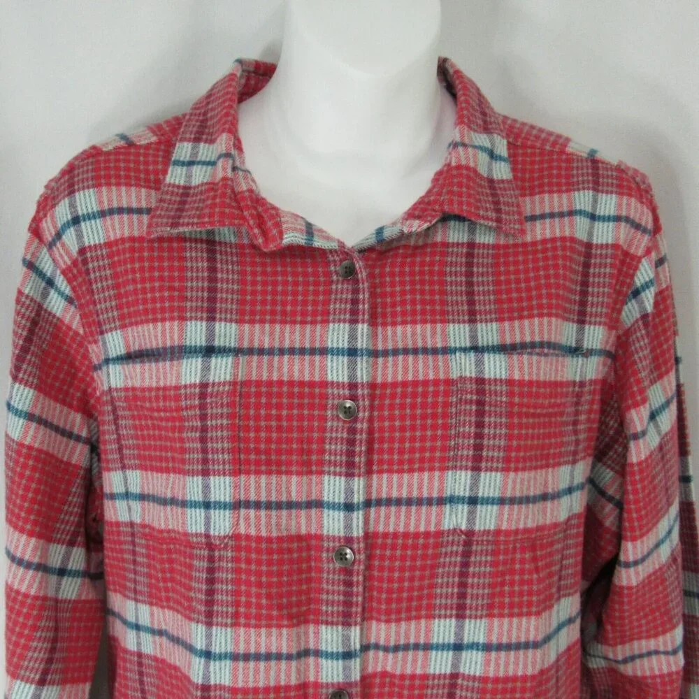 Woolrich Plaid Flannel XL Womens Pink Red Button Up Pockets 100% Cotton - Picture 1 of 9